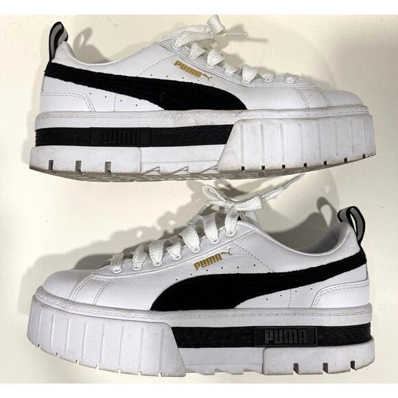 PUMA Mayze Leather Platform White Sneakers Retro Streetwear Size W7.5 - Picture 4 of 8